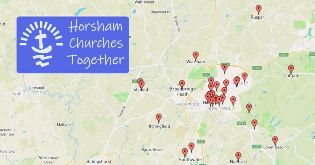 Map of Horsham with red location pins marking local churches and a blue Horsham Churches Together logo panel on the left
