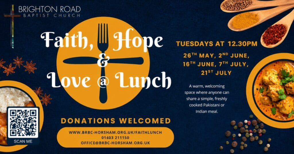 Poster for Faith Hope Love and Lunch with a fork cross design, showing bowls of food, spices and a QR code on a dark blue background