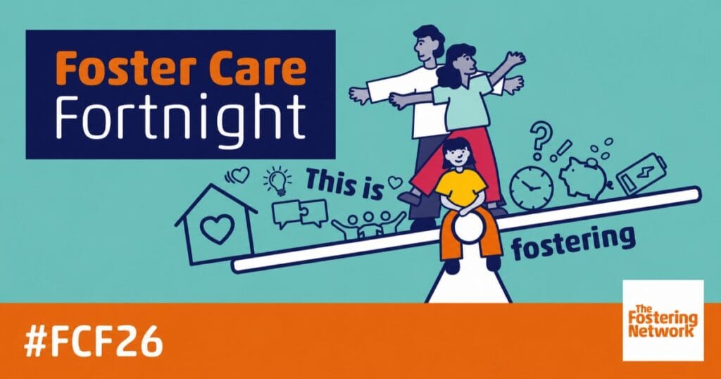 Foster care fortnight poster with a cartoon child on a seesaw between two adults and simple line drawings of a home and hands in the background