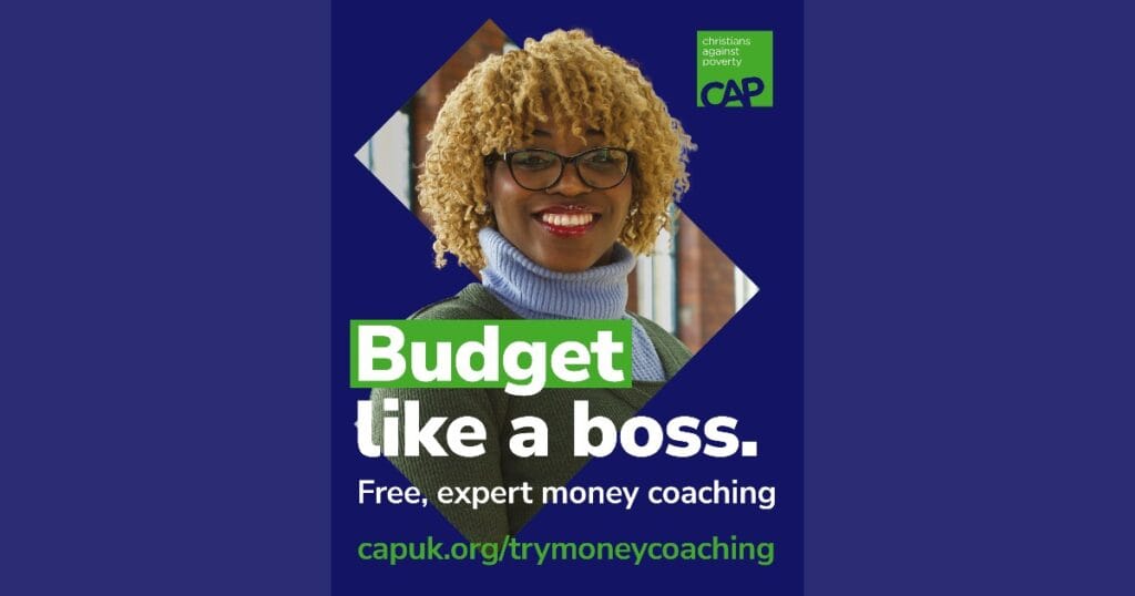 Woman smiling in a diamond-shaped cutout on a purple background with the words Budget like a boss and green logo blocks above and below