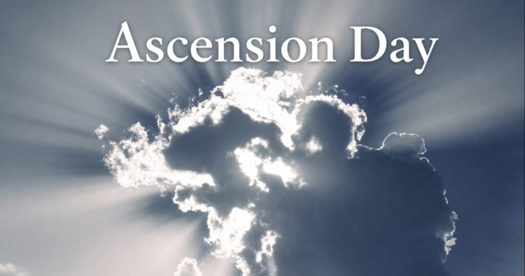 Clouds with bright sunlight shining through and the title Ascension Day above them
