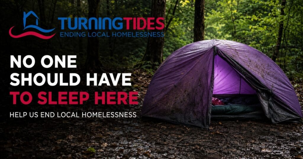 A purple tent in a wooded area with a logo and headline about homelessness