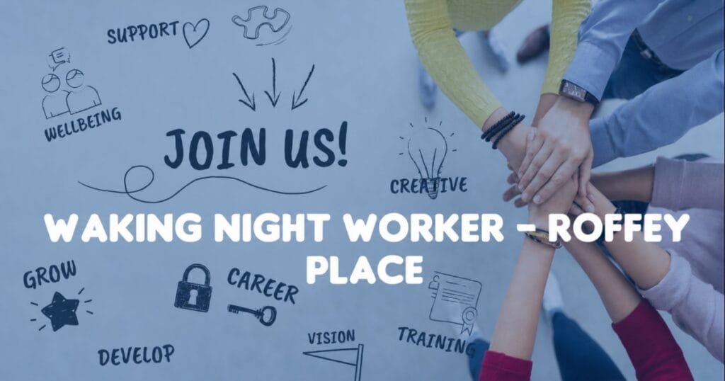 Banner with a group of people stacking hands and handwritten words around the title Waking Night Worker - Roffey Place