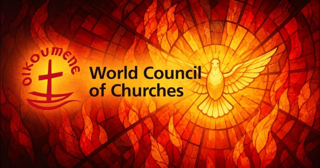 World Council of Churches logo with a glowing dove and cross on a red and orange mosaic background