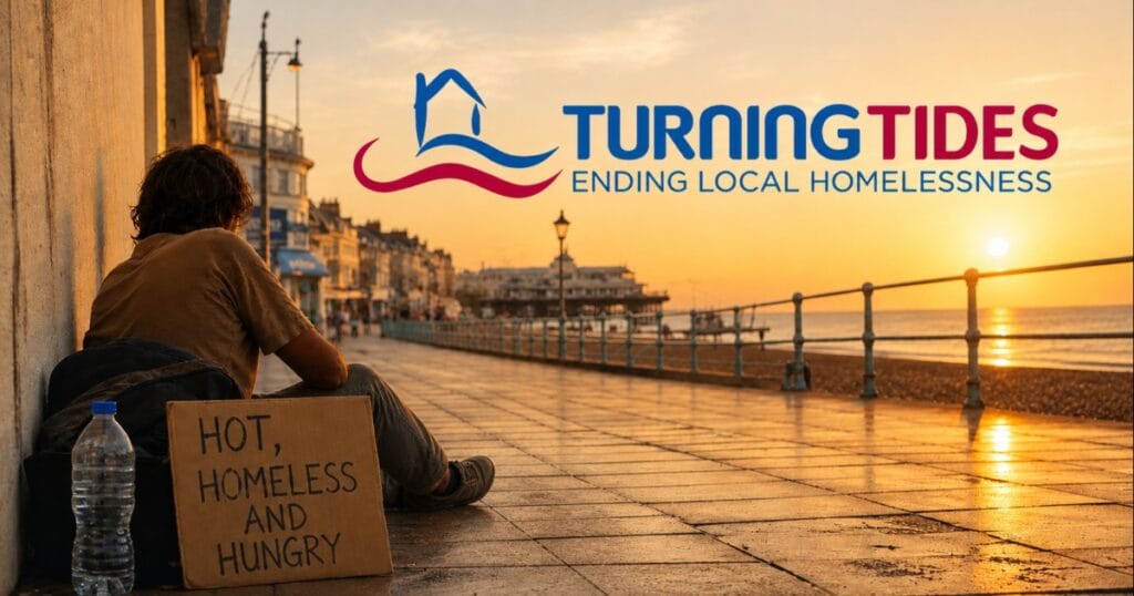 A person sitting on a pavement at sunset with a cardboard sign asking for help, beside a canal and a bridge with the Turning Tides logo and title in the sky