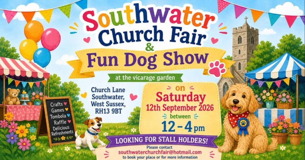 Colourful poster for Southwater Church & Fun Dog Show with balloons, bunting, a church, a dog, a stall and event details against a village green background