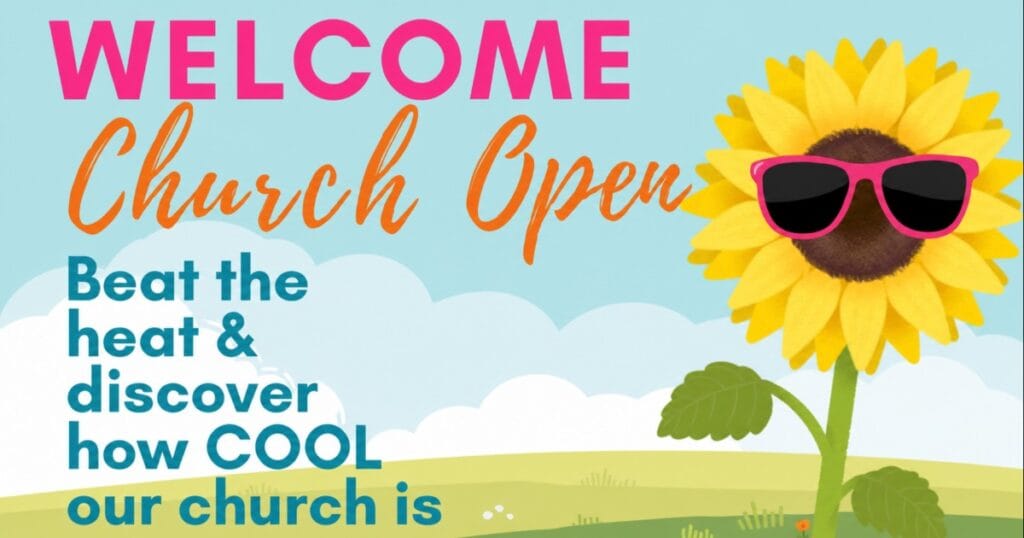 Bright summer church poster with a smiling sunflower in sunglasses against a blue sky, clouds and green hills, with the words Welcome Church Open at the top