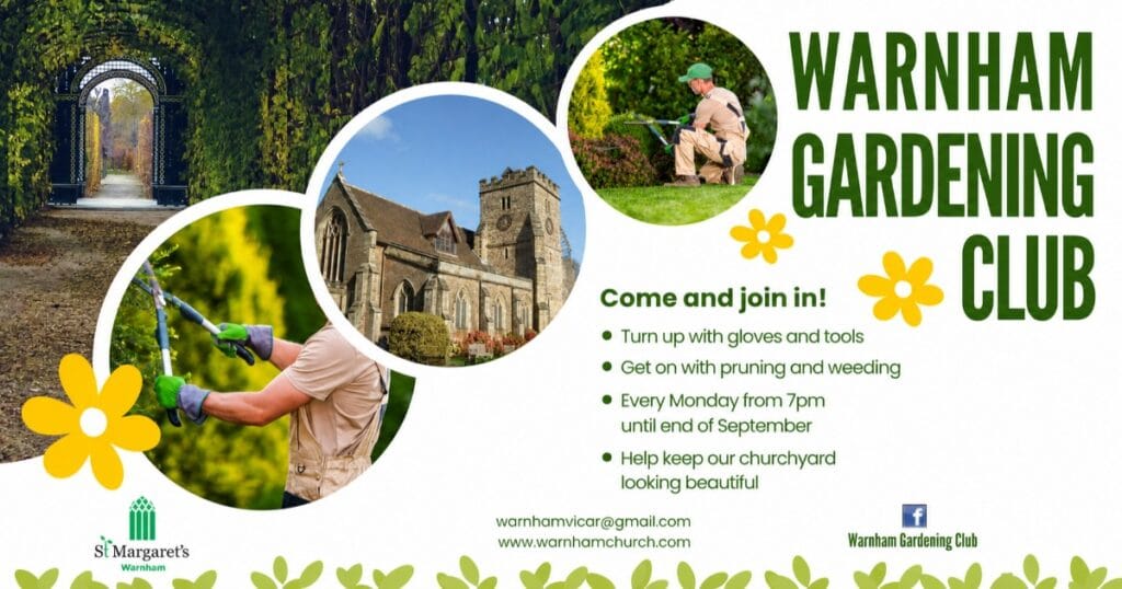 Promotional poster for Warnham Gardening Club with circular photos of garden scenes, a church and a person gardening, green and yellow floral design, and the club title in large text