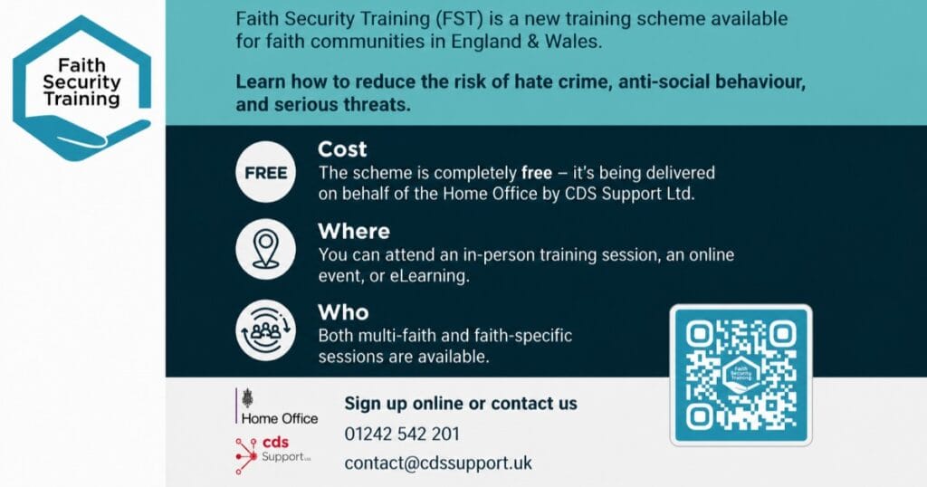 Flyer for Faith Security Training with a blue and white logo, a photo of a woman on the right, a QR code and blocks of text about cost, where and who the training is for