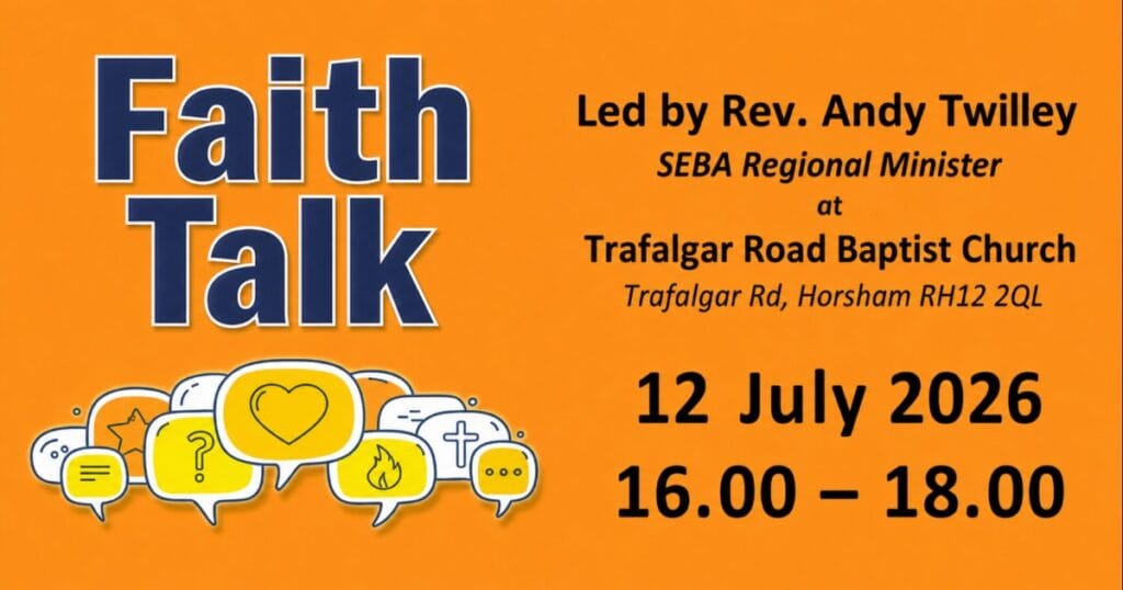 Poster for Faith Talk with speech bubbles and a heart icon on an orange background, showing the event title and date in large text