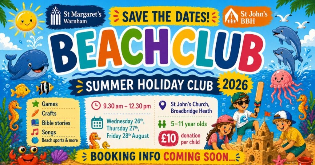 Bright colourful poster for a beach club summer holiday club 2026, with cartoon sea creatures, waves, sand, children’s activities and the title Beach Club large in the centre