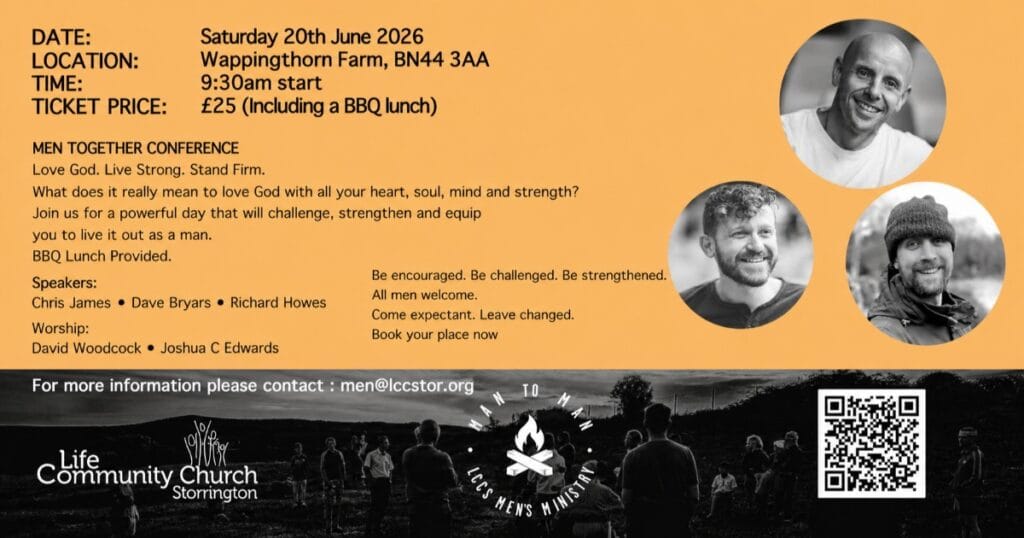 Orange event flyer for the Men Together conference with black text, three circular portrait photos on the right, a QR code at the bottom right, and church logos along the bottom
