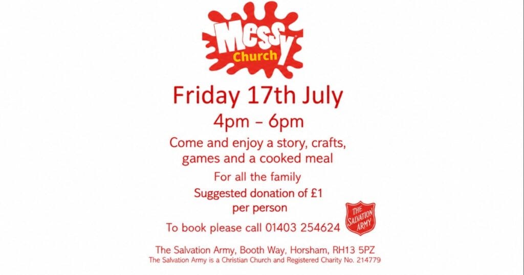 Poster for Messy Church with a red logo at the top and details for Friday 17th July, showing a family event with stories, crafts, games and a cooked meal