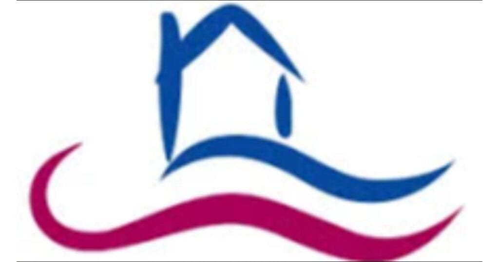 Stylised blue house roof with window above two curved magenta and blue wave lines