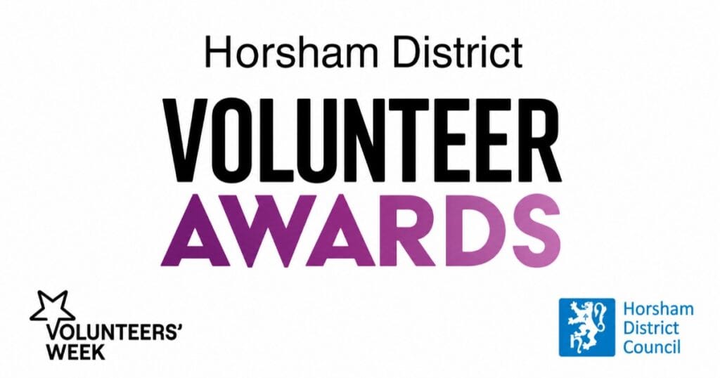Horsham District Volunteer Awards poster with bold black and purple title, Volunteers’ Week logo and Horsham District Council logo