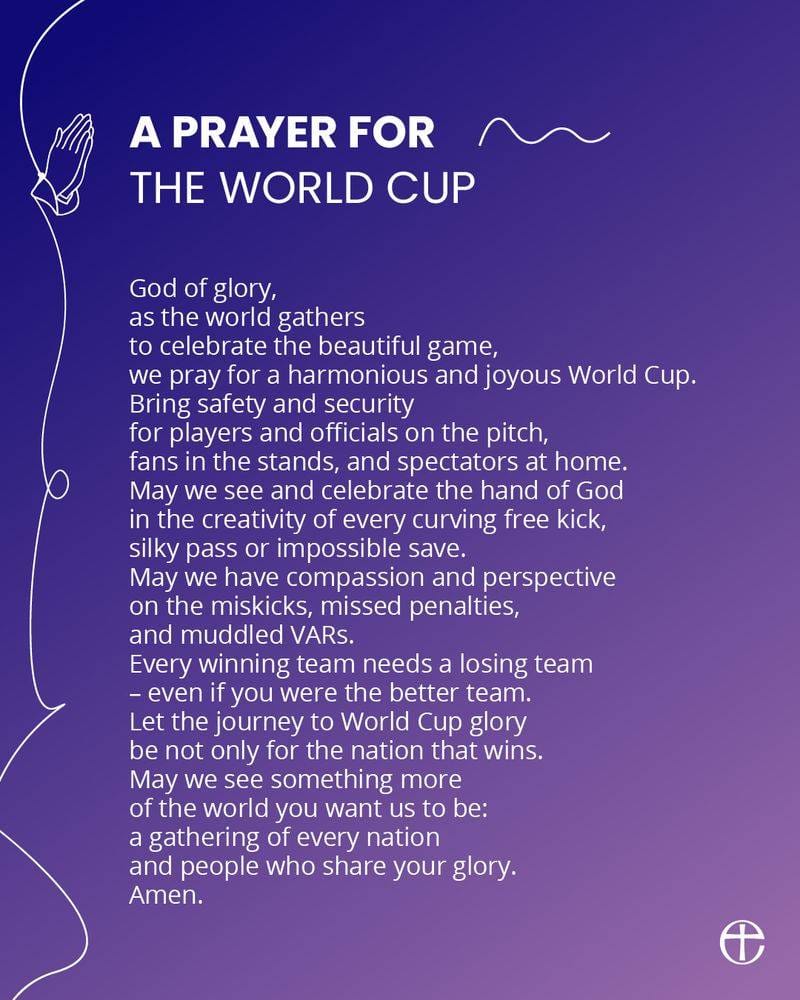 Purple poster with the title “A prayer for the World Cup”, showing a short white prayer text and a small Christian symbol in the bottom right