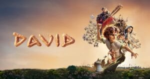 Title David with a fantasy scene of a boy and other characters bursting from a tree trunk against a warm sky