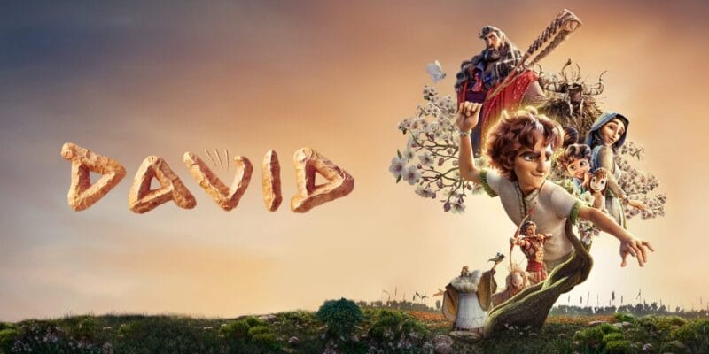 Title David with a fantasy scene of a boy and other characters bursting from a tree trunk against a warm sky