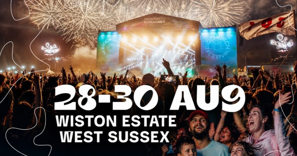 Crowded outdoor music festival at night with fireworks over the stage and the words 28 30 AUG, Wiston Estate, West Sussex