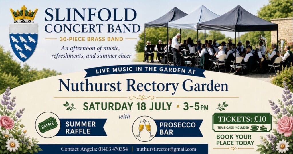 Poster for the Slinfold Concert Band playing at Nuthurst Rectory Garden, with a photo of the band under gazebos and event details about a summer garden concert