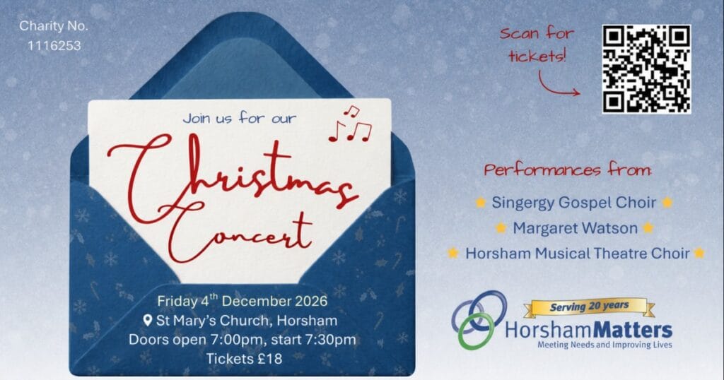 Christmas concert poster with a white ticket shape on a blue background, musical notes, performers listed on the right and a QR code in the top right