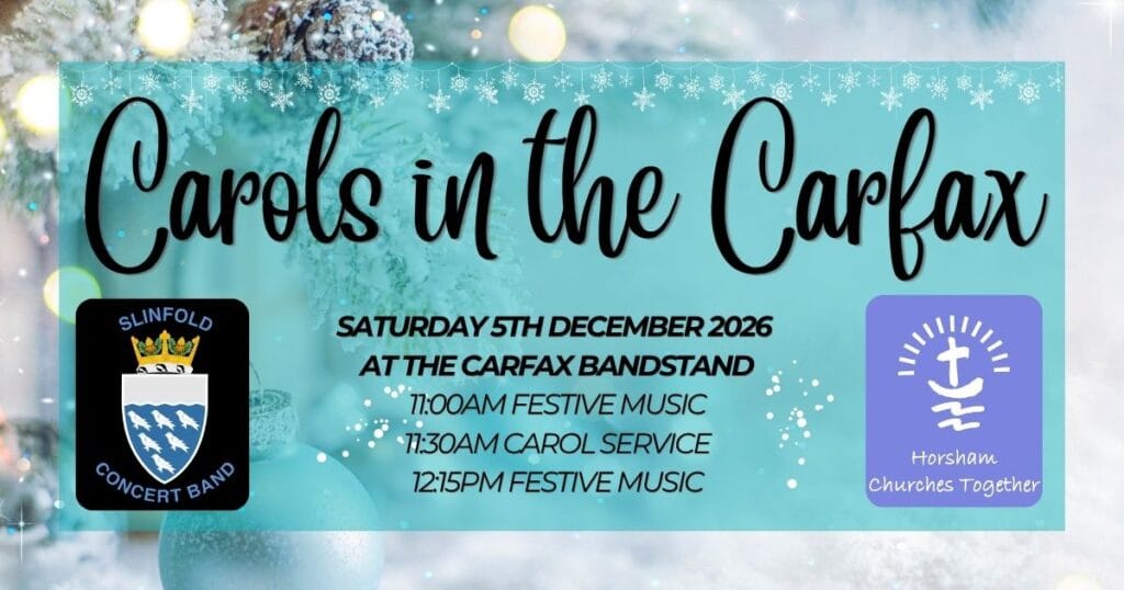 Blue festive event poster with the title Carols in the Carfax, featuring two school logos and details for a Christmas service and music times