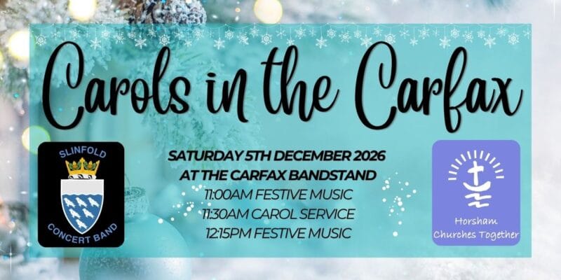 Blue festive event poster with the title Carols in the Carfax, featuring two school logos and details for a Christmas service and music times
