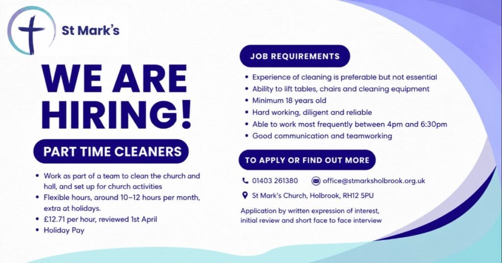 St Mark’s church hiring poster with large bold text We are hiring and part time cleaners, showing a church logo, a photo of a cleaner with a trolley, and a purple box with job requirements and contact details