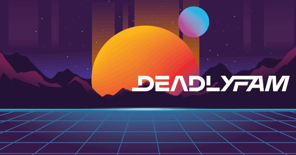 Retro sci fi landscape with a neon grid floor, large orange sun and small blue moon, with the title Deadlyfam over the horizon