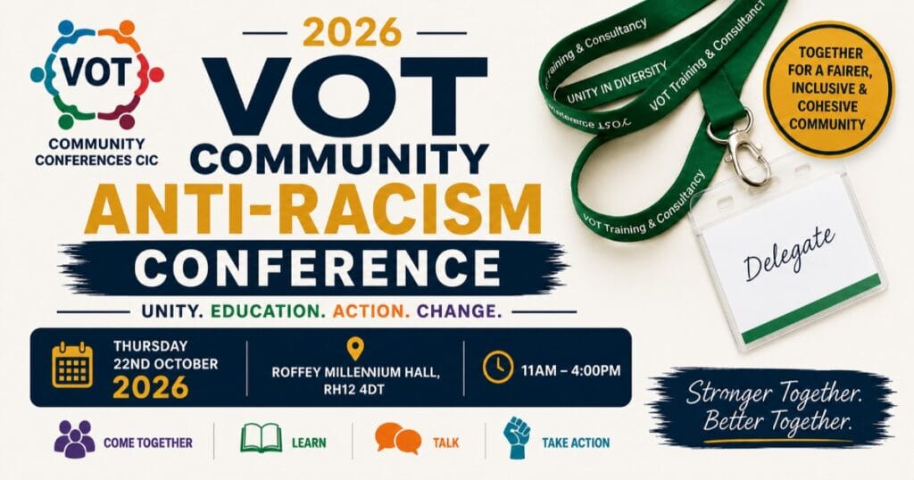 Poster for the 2026 VOT Community Anti-Racism Conference with bold title text, conference date and venue details, and images of a notebook, badge and green lanyard on a light background
