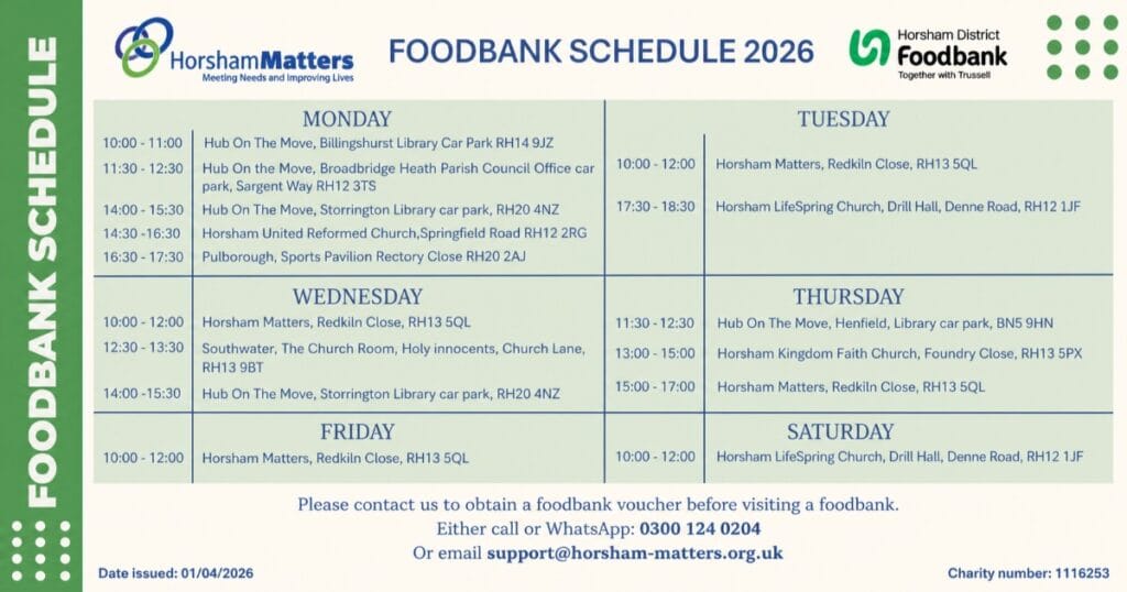 Foodbank schedule poster for 2026 with a weekly timetable in columns for Monday to Saturday and community logos at the top
