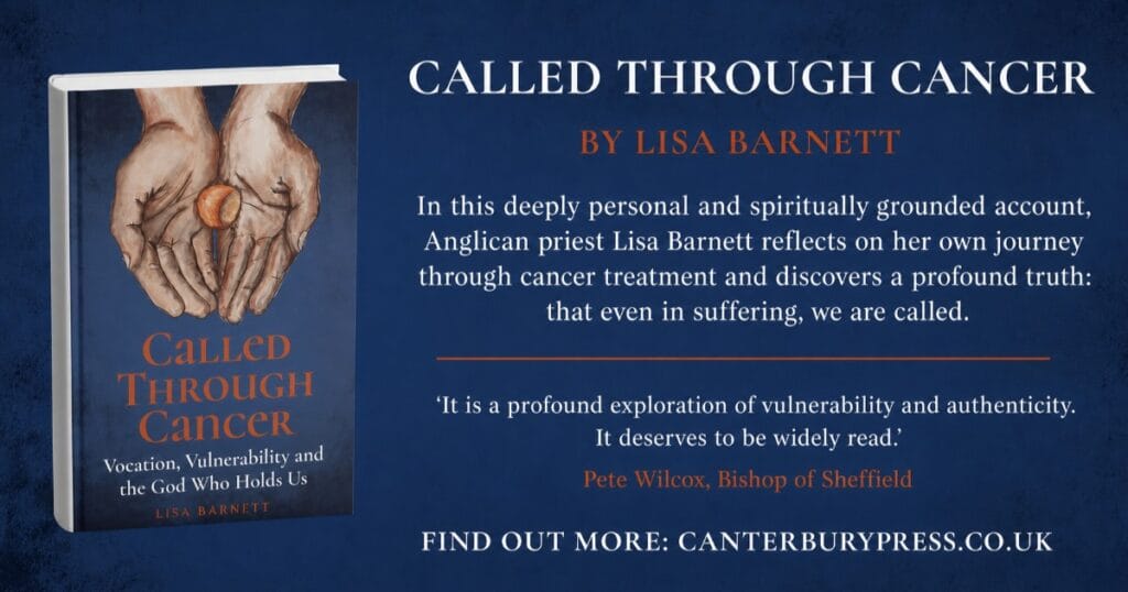 Book cover with a dark blue background showing a figure from behind with a heart-shaped hands image on the left and the title Called Through Cancer on the right
