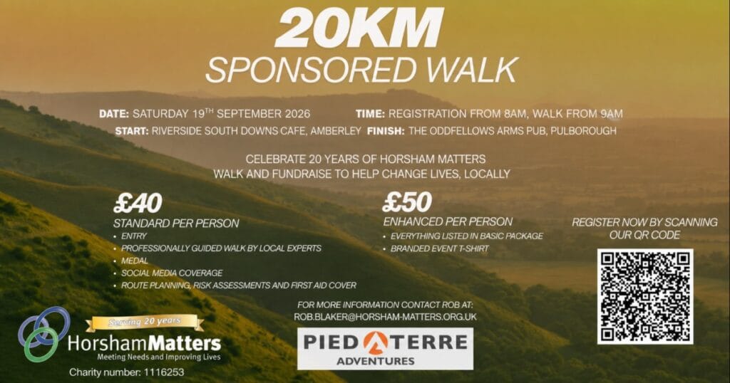 Poster for a 20km sponsored walk with a yellow and brown background, large white title at the top, small event details in the middle, logos along the bottom, and a QR code on the right