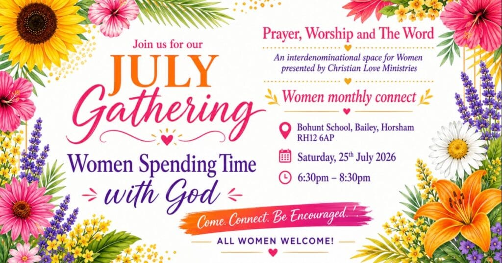 Floral church event flyer with bright flowers around the border and a blue and pink centre, titled July Gathering and Women Spending Time with God