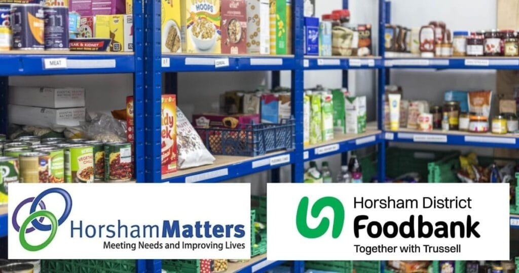Shelves of food and household supplies with Horsham Matters and Horsham District Foodbank logos at the bottom