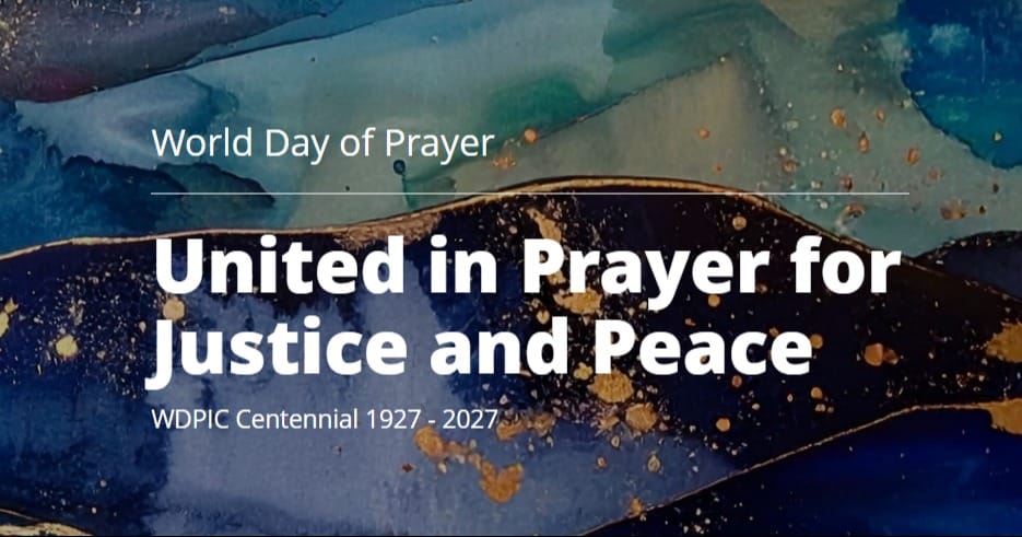 Abstract blue and gold background with the title United in Prayer for Justice and Peace and World Day of Prayer text