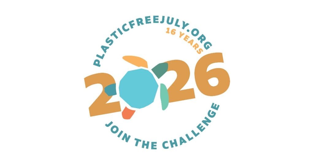 Plastic Free July 2026 challenge logo with a turquoise circle and orange 2026 text