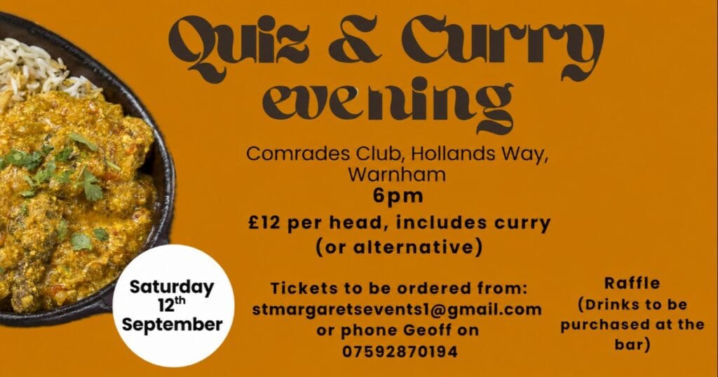 Orange poster for a quiz and curry evening with a photo of curry on the left, the title in large dark text, and small event details including date, venue and raffle information