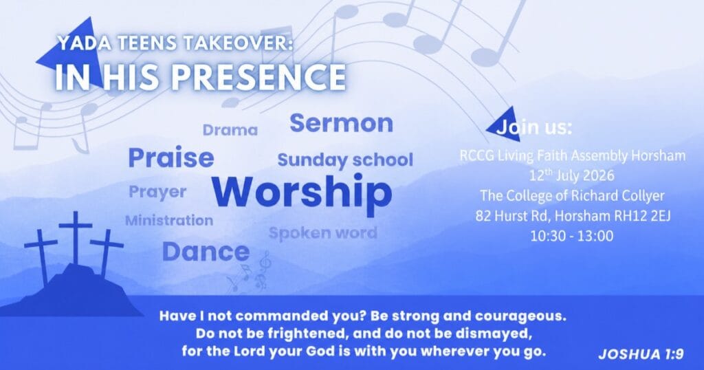 Blue church event poster with three crosses on a hill, a kneeling figure, and the title In His Presence, with words like praise, prayer, worship, sermon and dance scattered around the centre