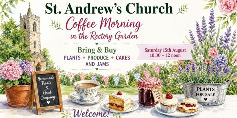 St. Andrew’s Church Coffee Morning in the Rectory Garden; Bring & Buy Plants + Produce + Cakes and Jams; Saturday 15th August, 10.30–12 noon