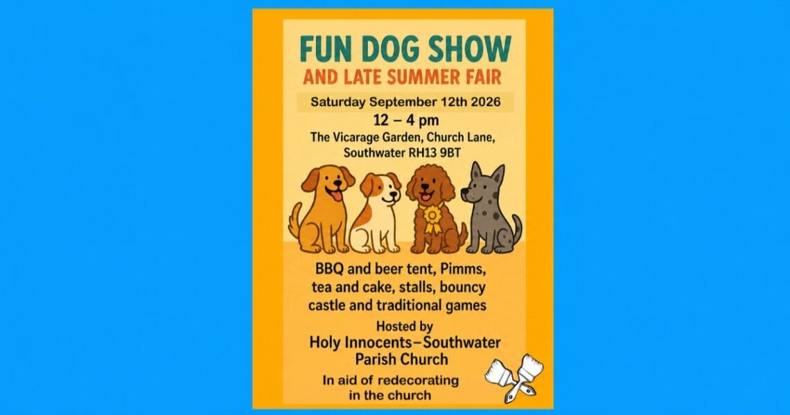 Fun dog show and late summer fair, Saturday September 12th 2026, 12–4 pm, The Vicarage Garden, Church Lane, Southwater RH13 9BT