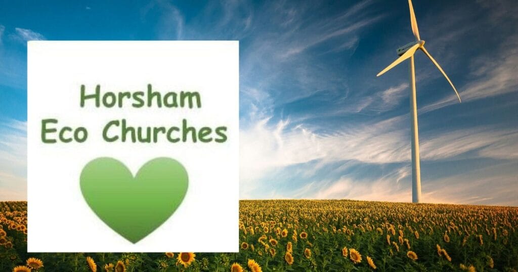Horsham Eco Churches text with green heart beside a wind turbine in a sunflower field