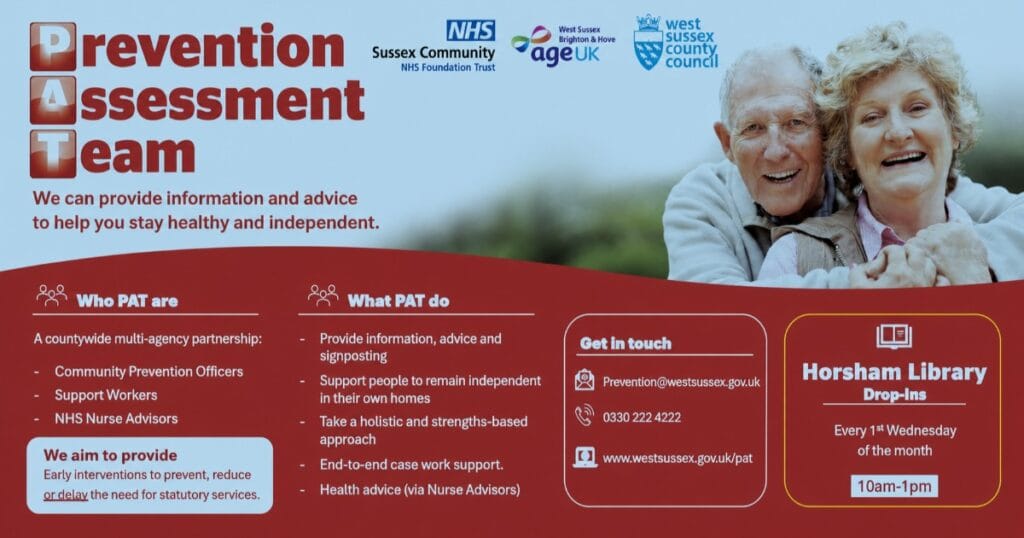 Prevention Assessment Team poster offering health and independence advice, with Horsham Library drop-ins every first Wednesday, 10am–1pm