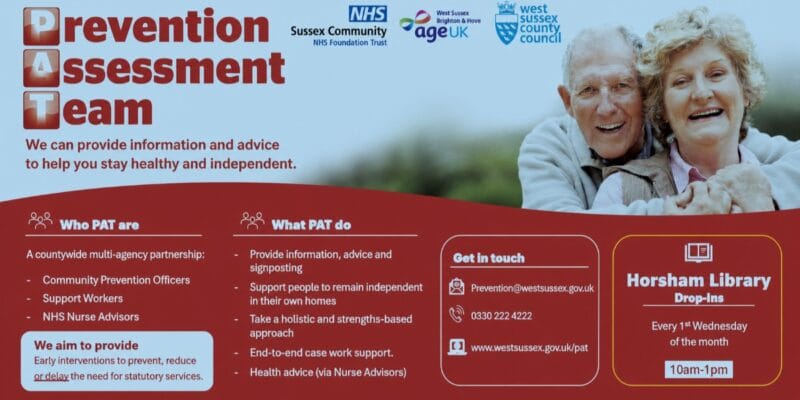 Prevention Assessment Team poster offering health and independence advice, with Horsham Library drop-ins every first Wednesday, 10am–1pm