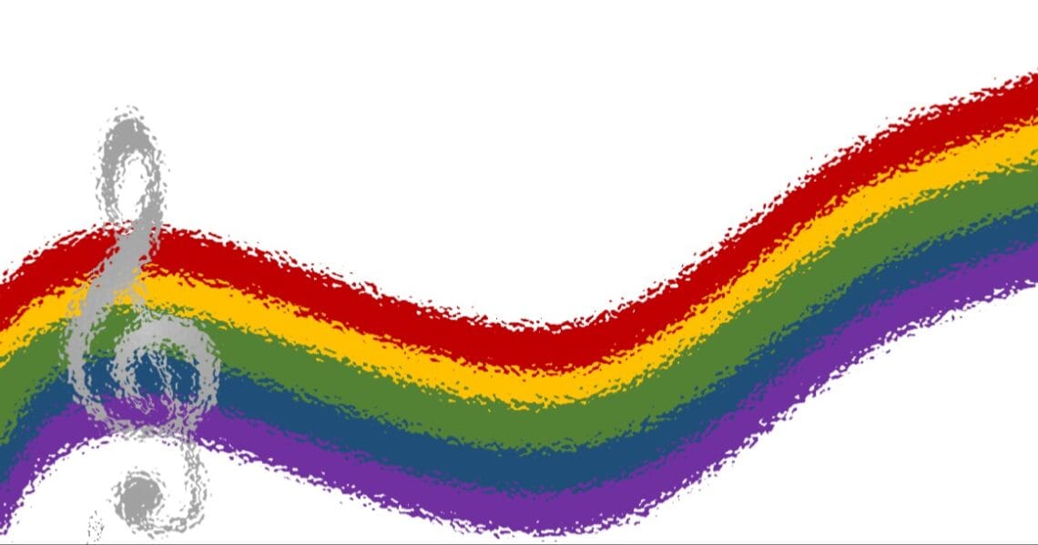 Rainbow-colored brushstroke with a gray treble clef