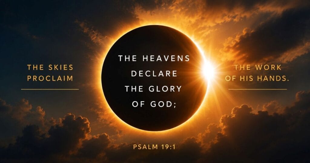 Solar eclipse amid clouds with text: THE SKIES PROCLAIM THE HEAVENS DECLARE THE WORK OF HIS HANDS. THE GLORY OF GOD; PSALM 19:1