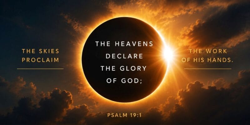 Solar eclipse amid clouds with text: THE SKIES PROCLAIM THE HEAVENS DECLARE THE WORK OF HIS HANDS. THE GLORY OF GOD; PSALM 19:1