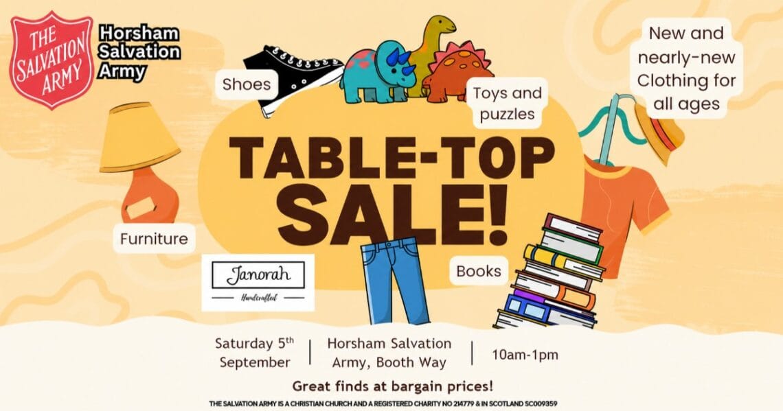 Table-top sale: Saturday 5th September, Horsham Salvation Army, Booth Way, 10am-1pm