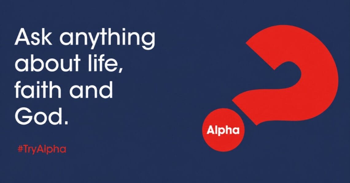 Ask anything about life, faith and God. #TryAlpha. Red question mark with Alpha.