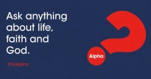 Ask anything about life, faith and God. #TryAlpha. Red question mark with Alpha.